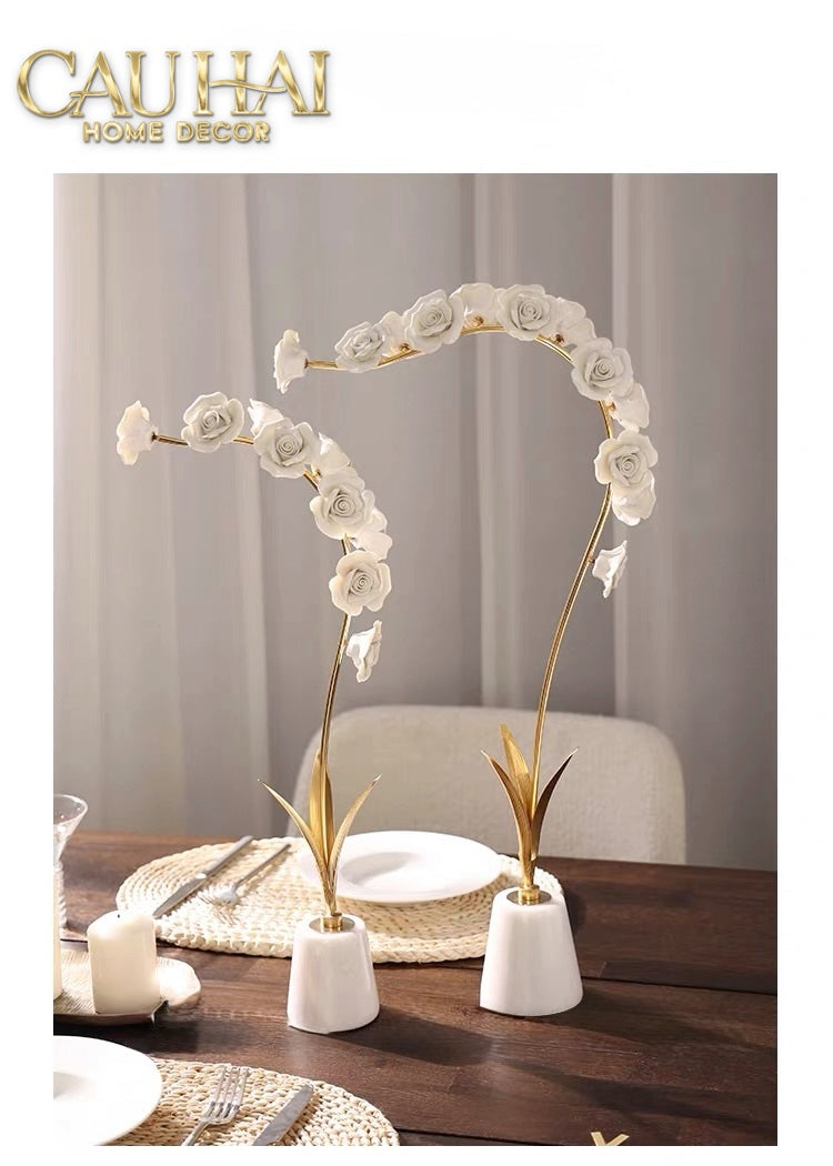 Maison Couture - Set 2 Tượng Hoa Hồng Gốm Sứ Roseraie Blanche D'Or 2pcs-Tượng Decor-CẬU HAI HOME DECOR-CẬU HAI HOME DECOR