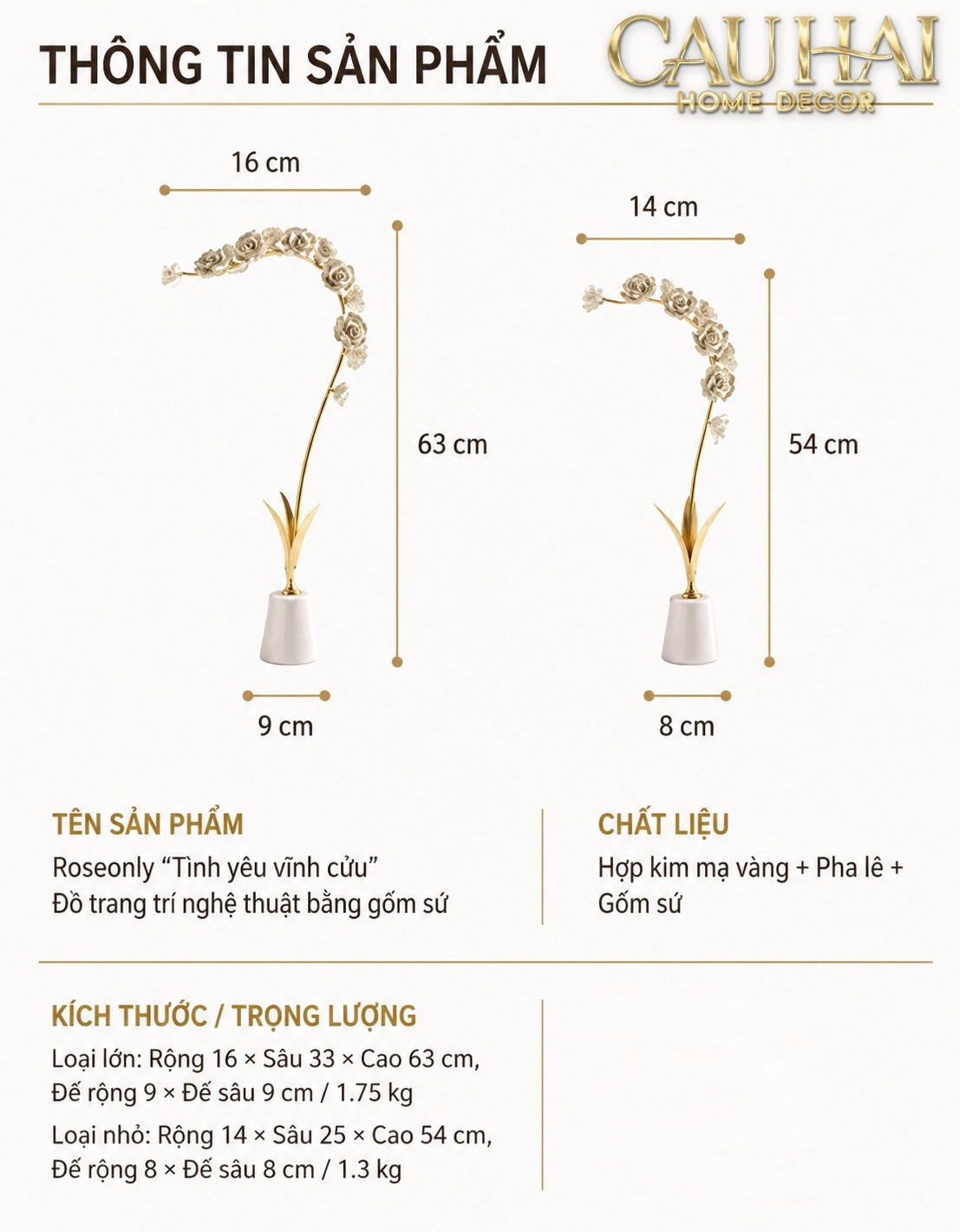 Maison Couture - Set 2 Tượng Hoa Hồng Gốm Sứ Roseraie Blanche D'Or 2pcs-Tượng Decor-CẬU HAI HOME DECOR-CẬU HAI HOME DECOR