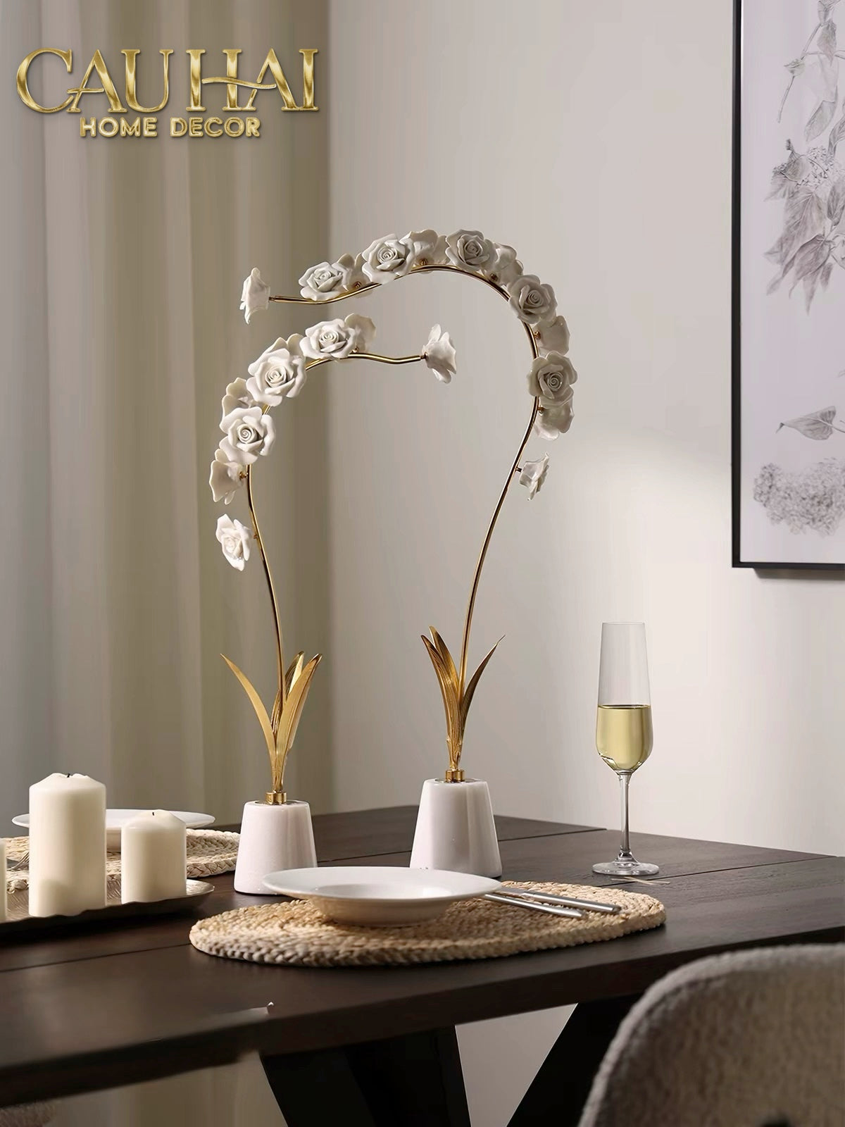 Maison Couture - Set 2 Tượng Hoa Hồng Gốm Sứ Roseraie Blanche D'Or 2pcs-Tượng Decor-CẬU HAI HOME DECOR-CẬU HAI HOME DECOR
