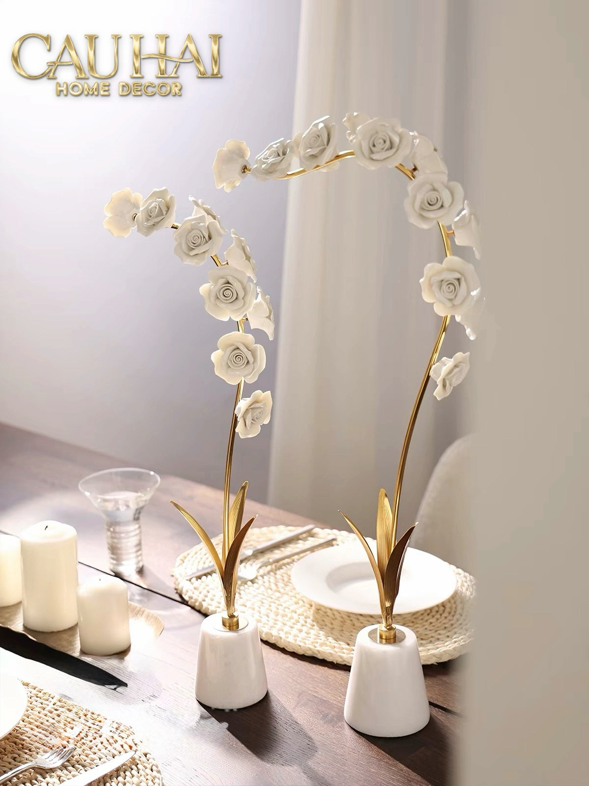Maison Couture - Set 2 Tượng Hoa Hồng Gốm Sứ Roseraie Blanche D'Or 2pcs-Tượng Decor-CẬU HAI HOME DECOR-CẬU HAI HOME DECOR
