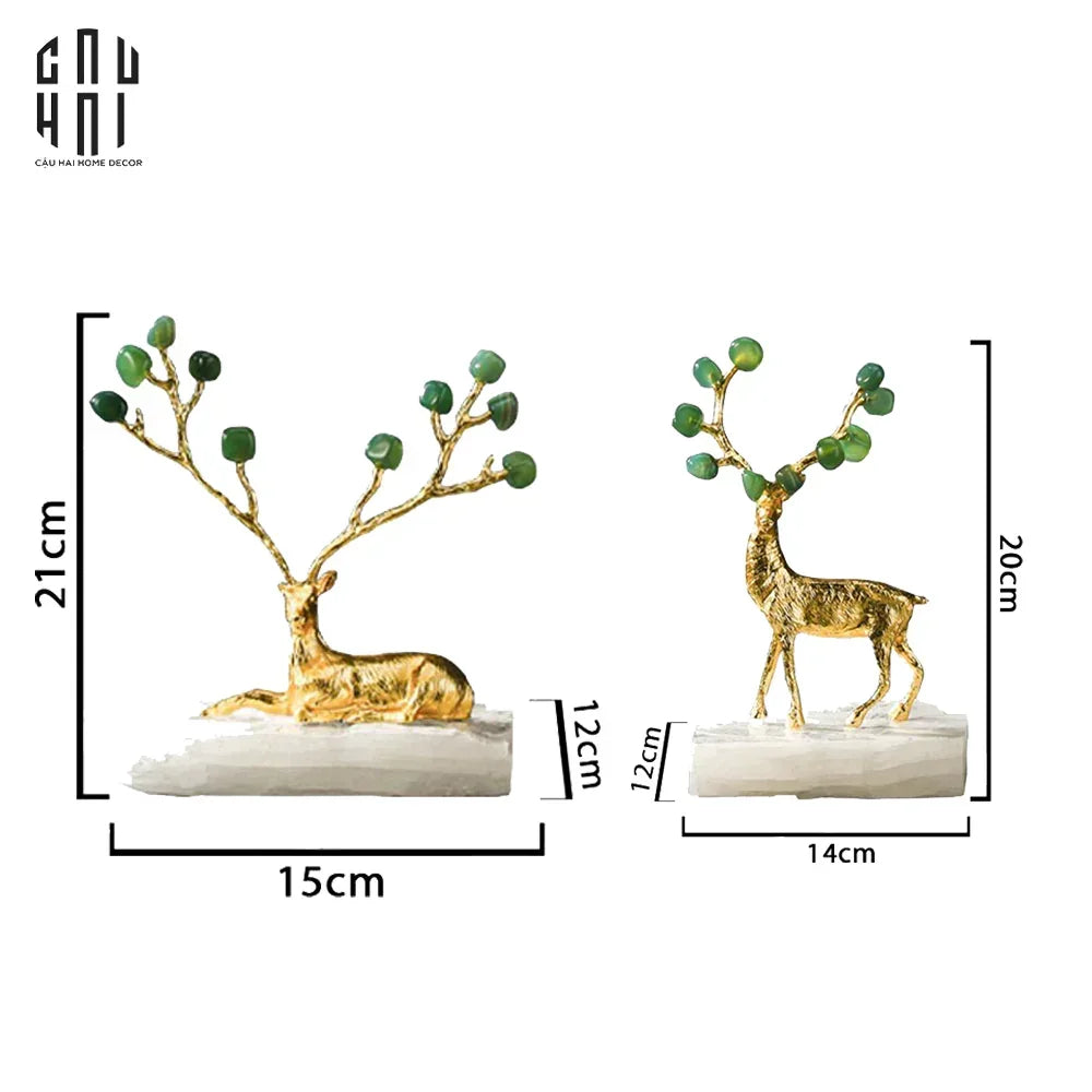 Maison Couture - Set 2 Tượng Hươu Đồng Đá Florite Green Đế Đá Quartz- Jupiter Elks Duo Deity 15x21 14x20-CẬU HAI HOME DECOR
