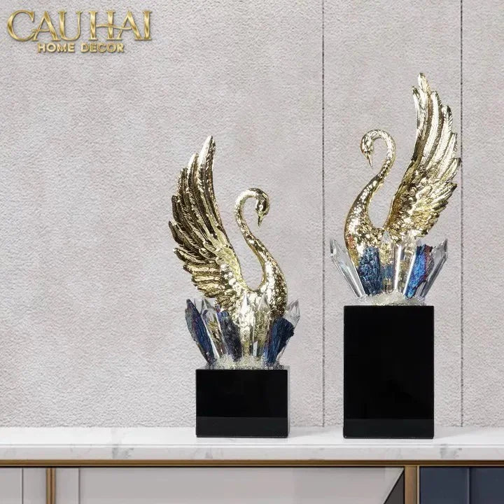 Maison Couture - Set 2 Tượng Thiên Nga Bằng Đồng Đính Pha Lê - Swan D’Amour Azure Cristalleries 15x25/28-CẬU HAI HOME DECOR