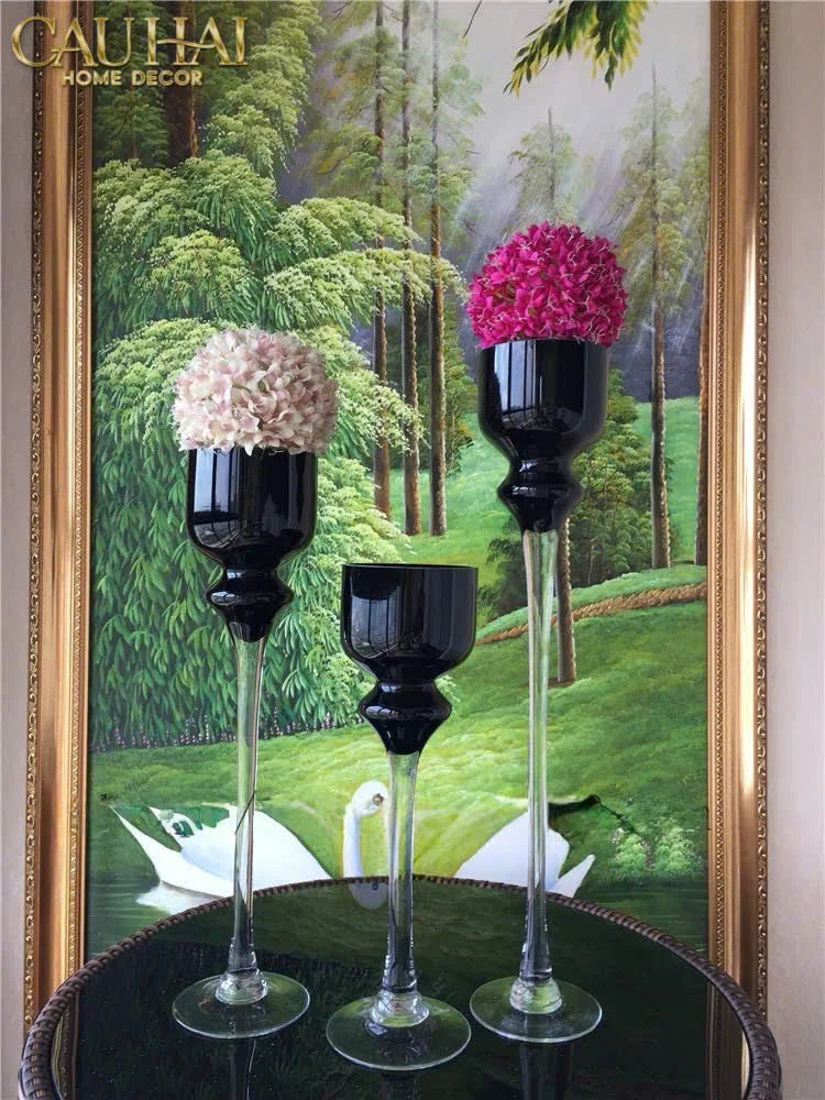Maison Couture - Set 3 Bình Hoa Pha Lê Đen Chân Cao Allure Cristallerie Noire Rituel 40/50/60-CẬU HAI HOME DECOR