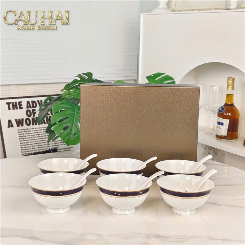 Maison Couture - Set 6 Chén Kèm Muỗng Sứ Belle Vie Luxe Blanc & Bleu Minuit Signature 12 Pcs-SET CHÉN DĨA-CẬU HAI HOME DECOR-CẬU HAI HOME DECOR