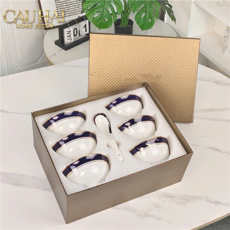 Maison Couture - Set 6 Chén Kèm Muỗng Sứ Belle Vie Luxe Blanc & Bleu Minuit Signature 12 Pcs-SET CHÉN DĨA-CẬU HAI HOME DECOR-CẬU HAI HOME DECOR