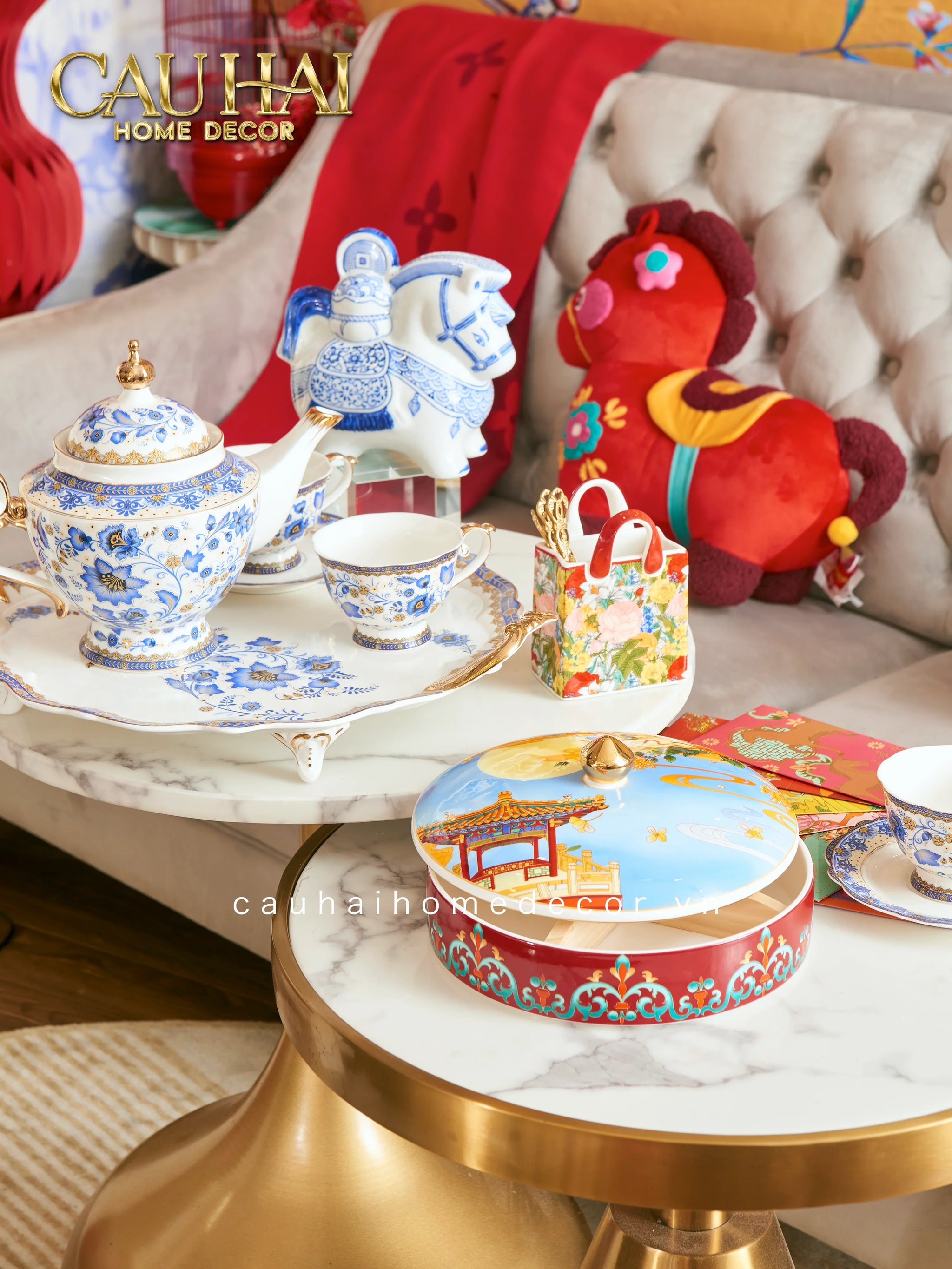 Maison Couture – Set Bình Trà Khay Sứ 6 Tách Indochine Héritage Indigo Blue Floral Porcelain 10Pcs-SET BÌNH TRÀ-CẬU HAI HOME DECOR