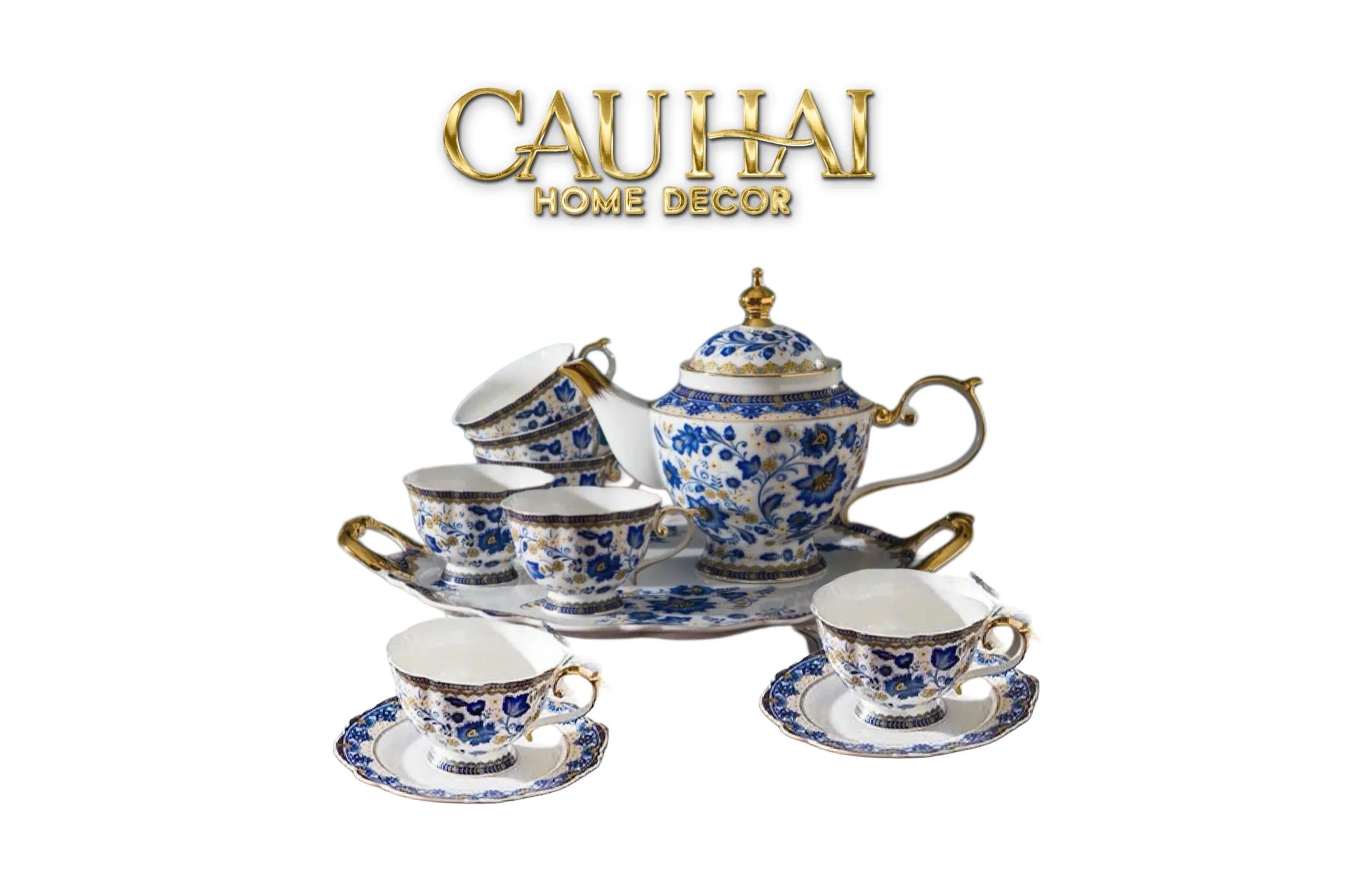 Maison Couture – Set Bình Trà Khay Sứ 6 Tách Indochine Héritage Indigo Blue Floral Porcelain 10Pcs-CẬU HAI HOME DECOR