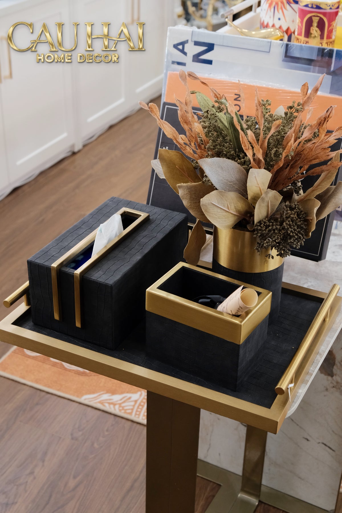 Maison Couture - Set Khay Hộp Giấy Gỗ Sồi Da Cao Cấp Có Bình Hoa - Luxe Oakwood Birkin Noire Vanities 4Pcs 30x40-KHAY TRANG TRÍ-CẬU HAI HOME DECOR-CẬU HAI HOME DECOR