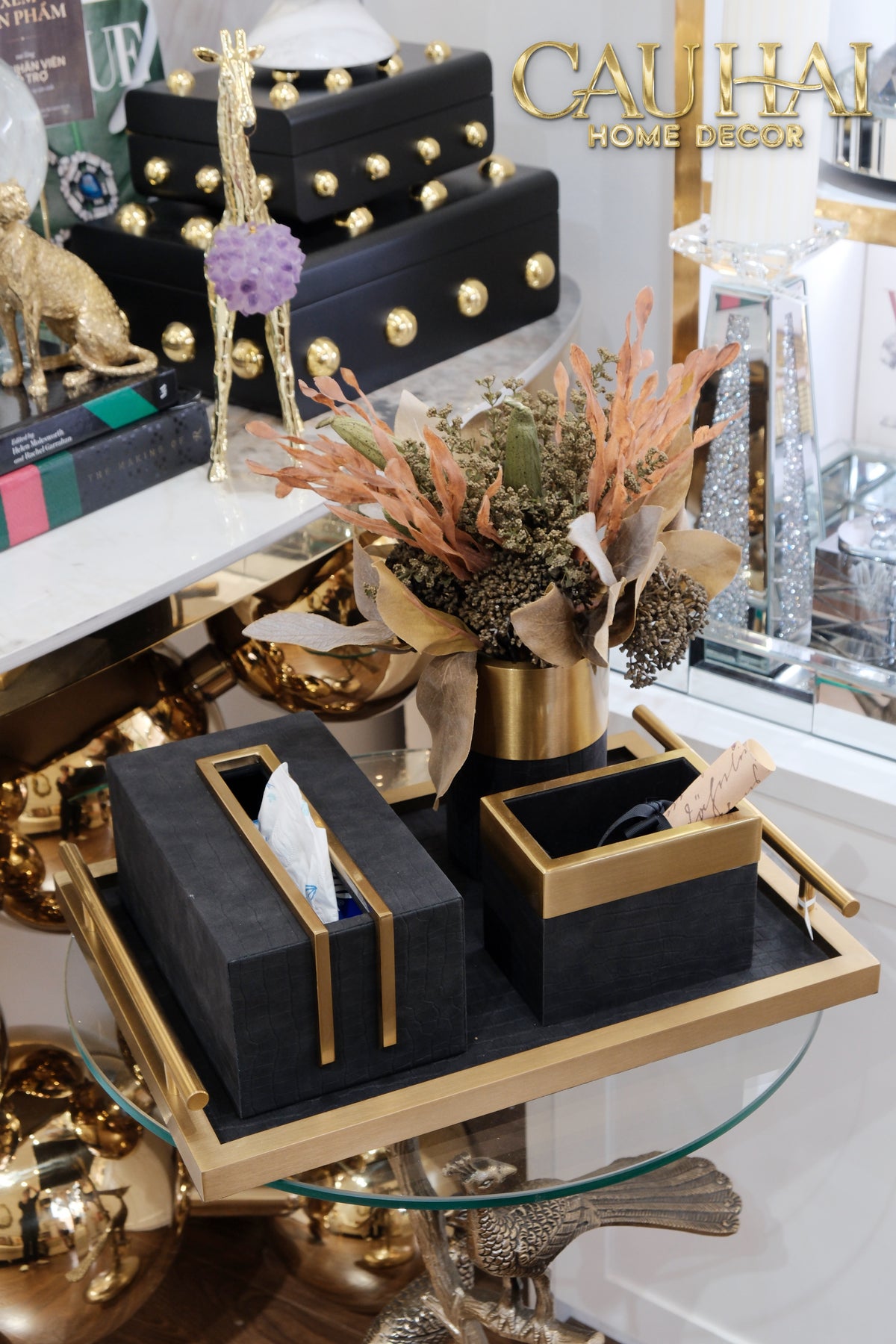 Maison Couture - Set Khay Hộp Giấy Gỗ Sồi Da Cao Cấp Có Bình Hoa - Luxe Oakwood Birkin Noire Vanities 4Pcs 30x40-KHAY TRANG TRÍ-CẬU HAI HOME DECOR-CẬU HAI HOME DECOR
