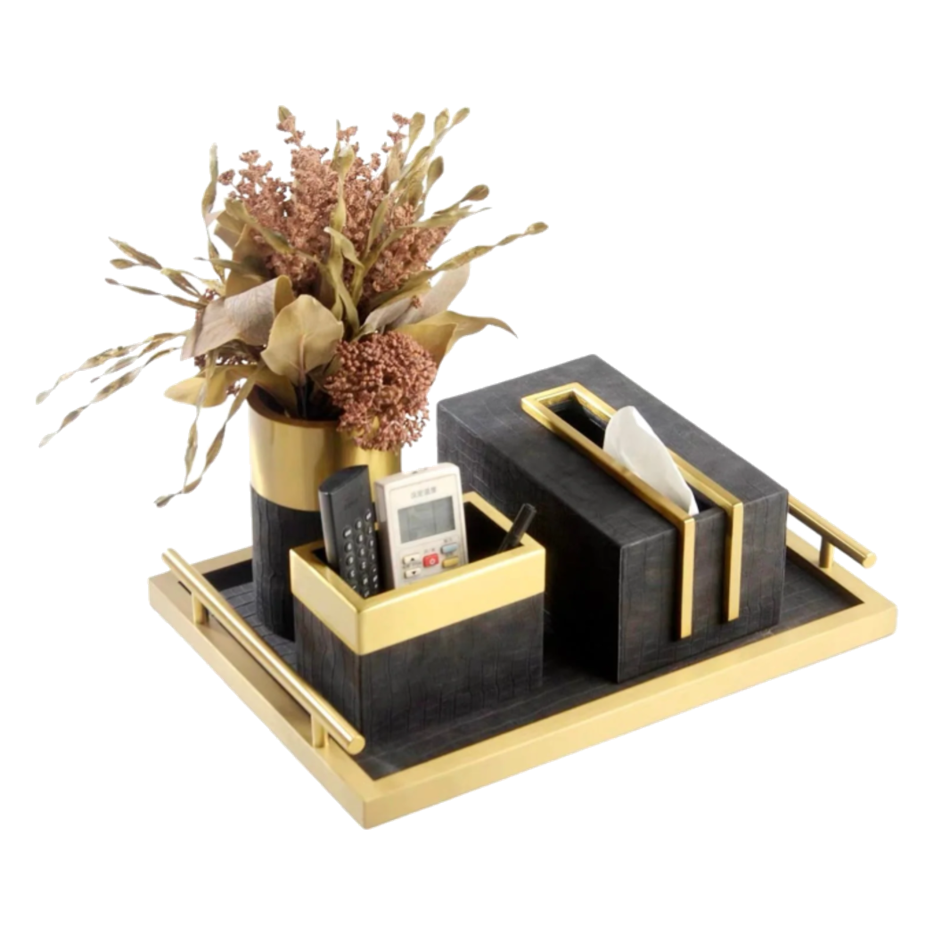 Maison Couture - Set Khay Hộp Giấy Gỗ Sồi Da Cao Cấp Có Bình Hoa - Luxe Oakwood Birkin Noire Vanities 4Pcs 30x40-KHAY TRANG TRÍ-CẬU HAI HOME DECOR-CẬU HAI HOME DECOR