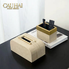 Maison Couture - Set Khay Hộp Giấy Gỗ Sồi Da Cao Cấp Héritage Bamboo 3Pcs 30x40 - Dolce Latte-CẬU HAI HOME DECOR