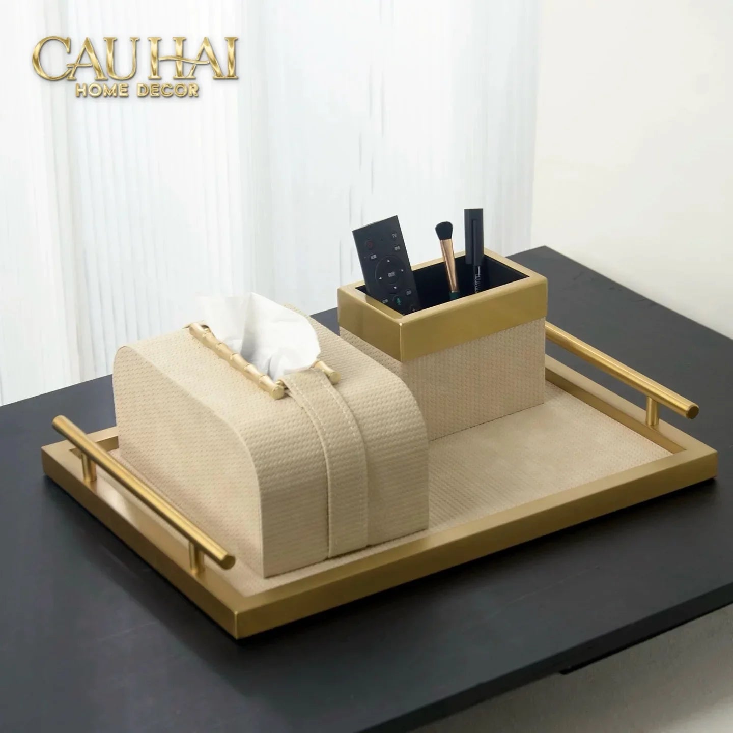Maison Couture - Set Khay Hộp Giấy Gỗ Sồi Da Cao Cấp Héritage Bamboo 3Pcs 30x40 - Dolce Latte-CẬU HAI HOME DECOR