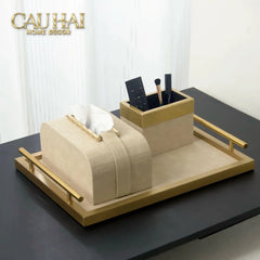 Maison Couture - Set Khay Hộp Giấy Gỗ Sồi Da Cao Cấp Héritage Bamboo 3Pcs 30x40 - Dolce Latte-CẬU HAI HOME DECOR