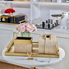 Maison Couture - Set Khay Hộp Giấy Gỗ Sồi Da Cao Cấp Héritage Bamboo 3Pcs 30x40 - Dolce Latte-CẬU HAI HOME DECOR