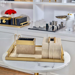 Maison Couture - Set Khay Hộp Giấy Gỗ Sồi Da Cao Cấp Héritage Bamboo 3Pcs 30x40 - Dolce Latte-CẬU HAI HOME DECOR