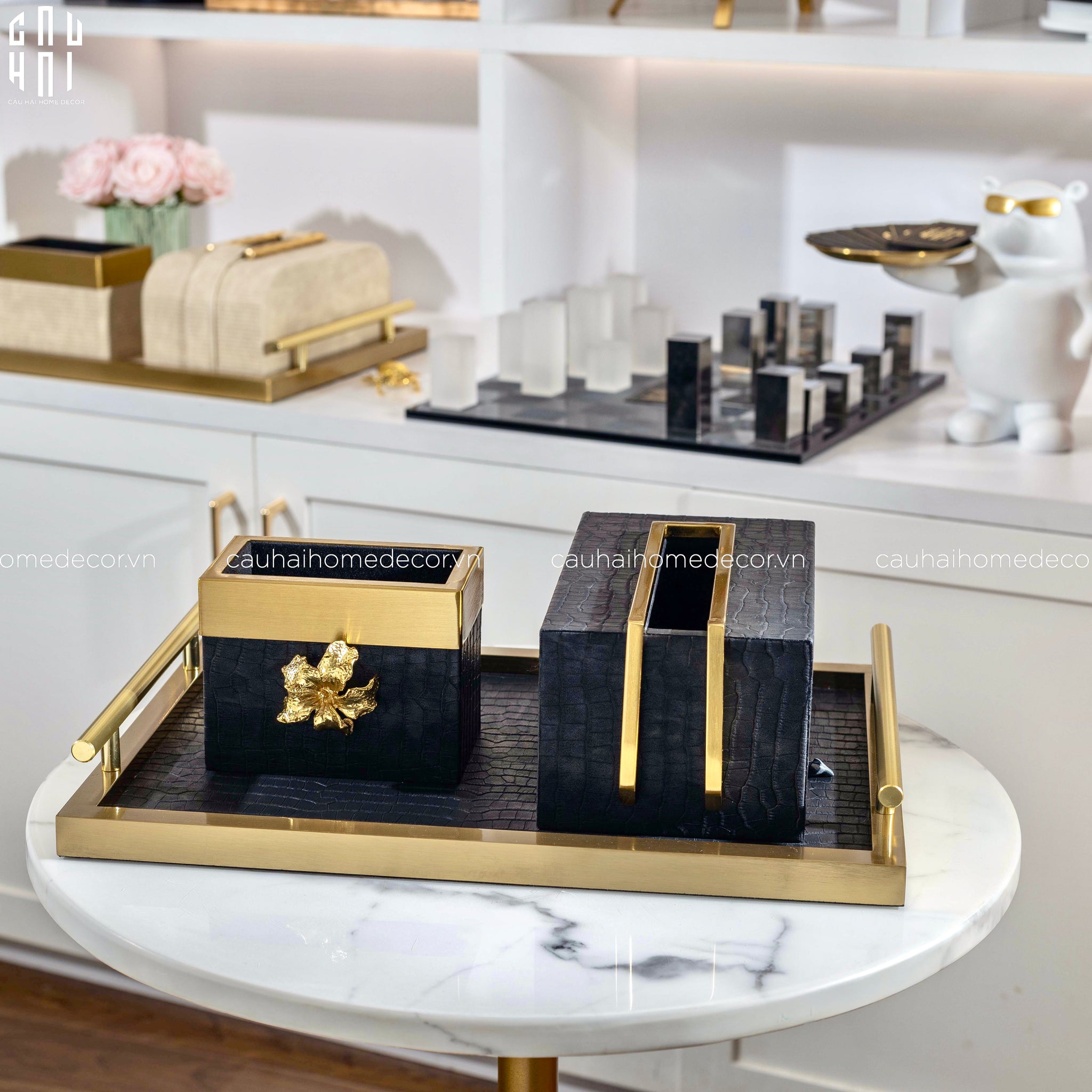 Maison Couture - Set Khay Hộp Giấy Gỗ Sồi Da Cao Cấp - Luxe Oakwood Birkin Noire Vanities 3Pcs 30x40-CẬU HAI HOME DECOR