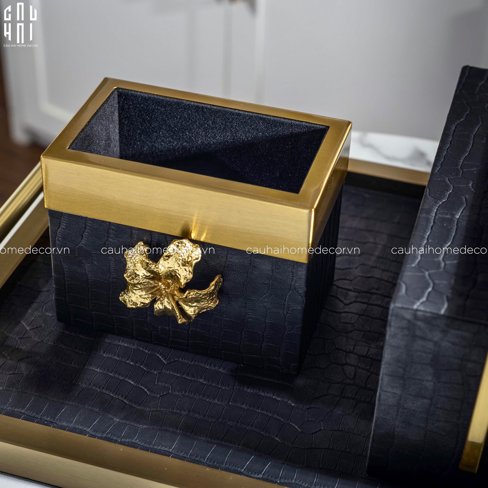 Maison Couture - Set Khay Hộp Giấy Gỗ Sồi Da Cao Cấp - Luxe Oakwood Birkin Noire Vanities 3Pcs 30x40-CẬU HAI HOME DECOR