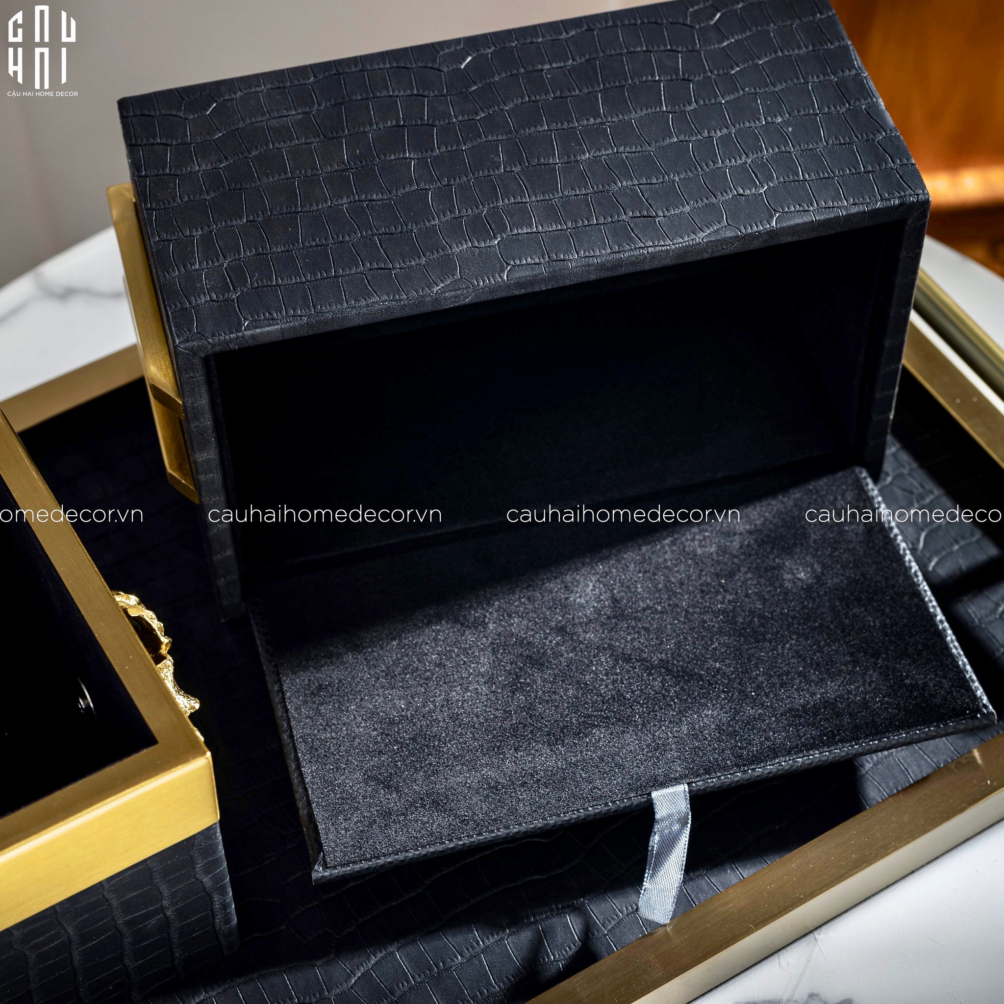 Maison Couture - Set Khay Hộp Giấy Gỗ Sồi Da Cao Cấp - Luxe Oakwood Birkin Noire Vanities 3Pcs 30x40-CẬU HAI HOME DECOR
