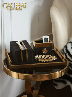Maison Couture - Set Khay Hộp Giấy Gỗ Sồi Da Cao Cấp - Luxe Oakwood Birkin Noire Vanities 3Pcs 30x40-CẬU HAI HOME DECOR