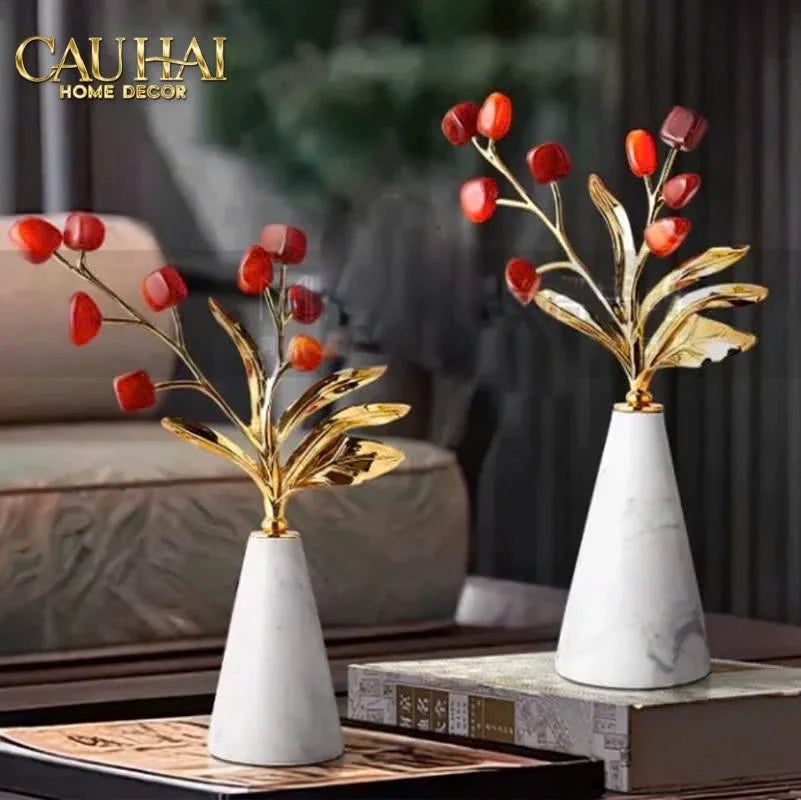 Maison Couture - Set Tượng Hồng Ngọc Tuỷ Carnelian Agate Bloom H37 H30-CẬU HAI HOME DECOR