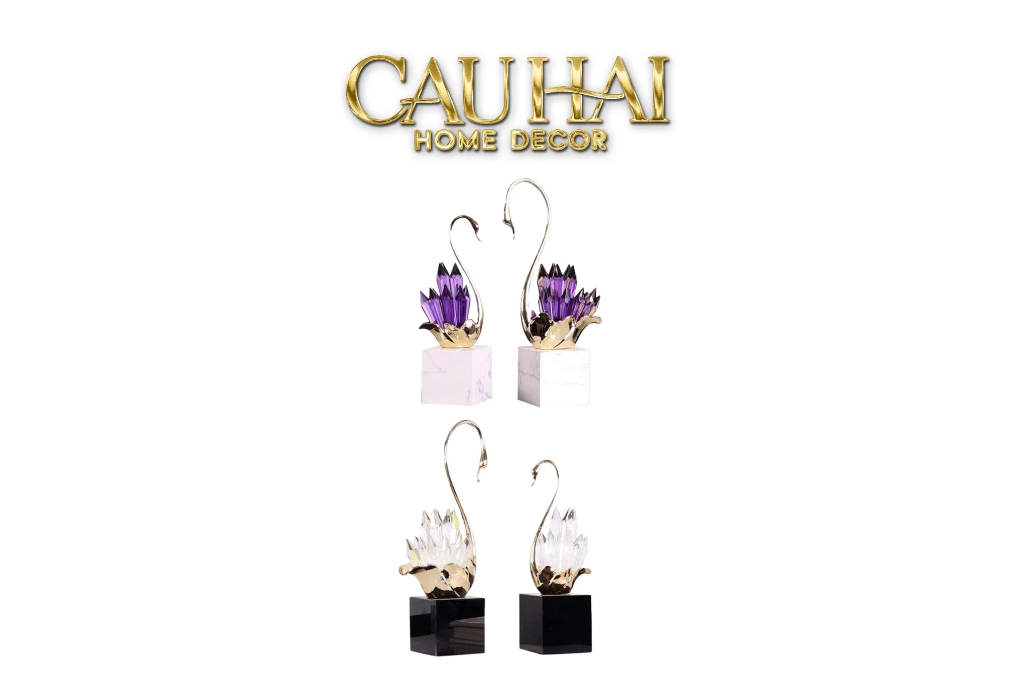 Maison Couture - Set Tượng Thiên Nga Pha Lê Tím Đế Đá Marble Swan D’Amour - Lilac Cristalleries-CẬU HAI HOME DECOR
