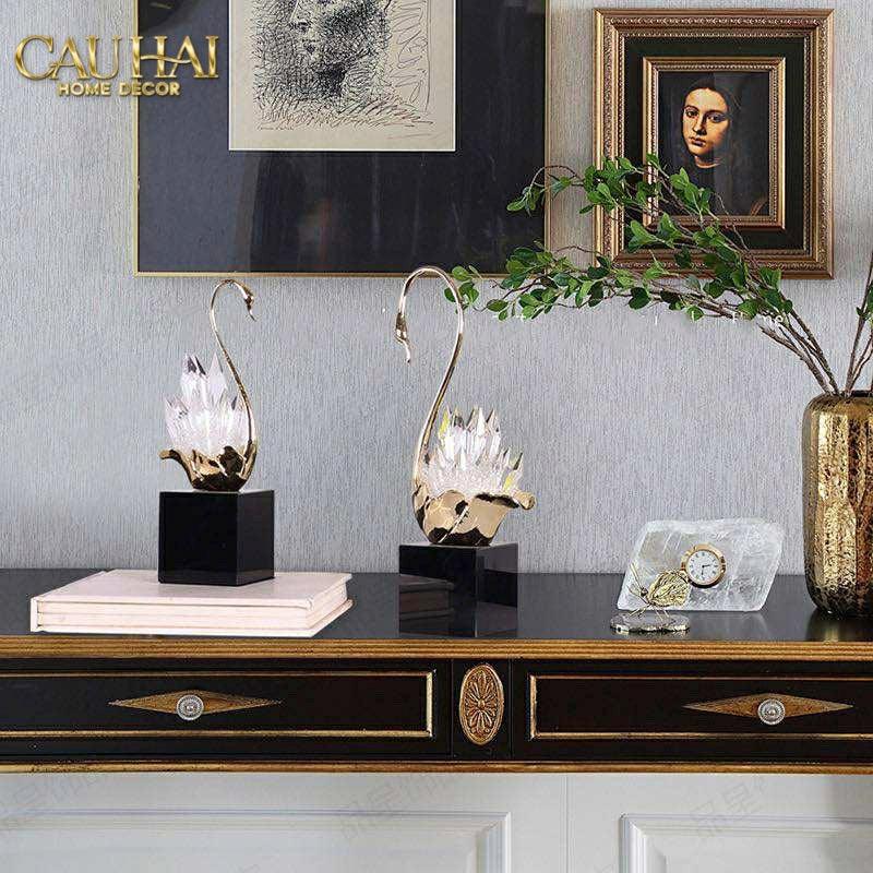 Maison Couture - Set Tượng Thiên Nga Pha Lê Tím Đế Đá Marble Swan D’Amour - Lilac Cristalleries-CẬU HAI HOME DECOR