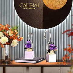 Maison Couture - Set Tượng Thiên Nga Pha Lê Tím Đế Đá Marble Swan D’Amour - Lilac Cristalleries-CẬU HAI HOME DECOR