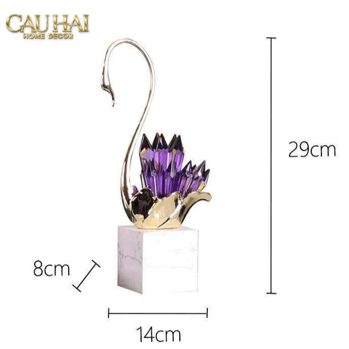Maison Couture - Set Tượng Thiên Nga Pha Lê Tím Đế Đá Marble Swan D’Amour - Lilac Cristalleries-CẬU HAI HOME DECOR