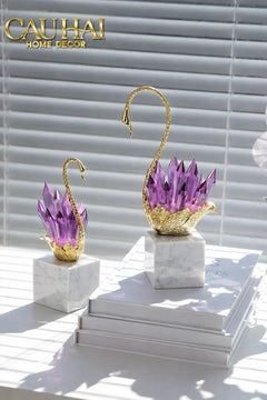 Maison Couture - Set Tượng Thiên Nga Pha Lê Tím Đế Đá Marble Swan D’Amour - Lilac Cristalleries-CẬU HAI HOME DECOR