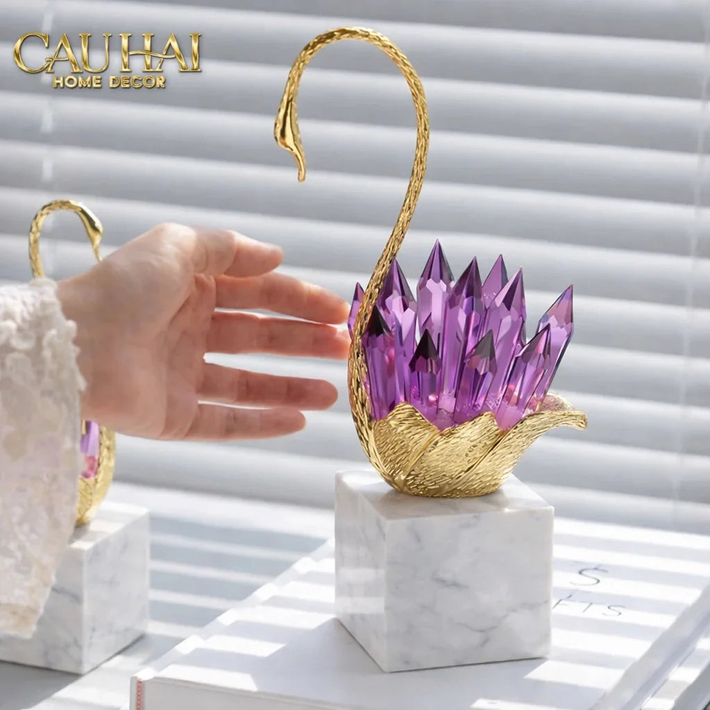 Maison Couture - Set Tượng Thiên Nga Pha Lê Tím Đế Đá Marble Swan D’Amour - Lilac Cristalleries-CẬU HAI HOME DECOR