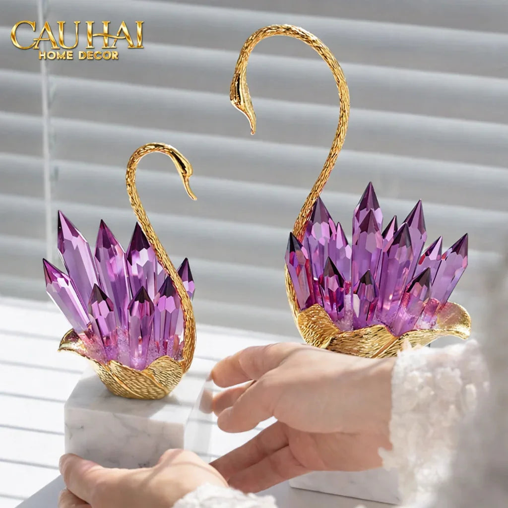 Maison Couture - Set Tượng Thiên Nga Pha Lê Tím Đế Đá Marble Swan D’Amour - Lilac Cristalleries-CẬU HAI HOME DECOR