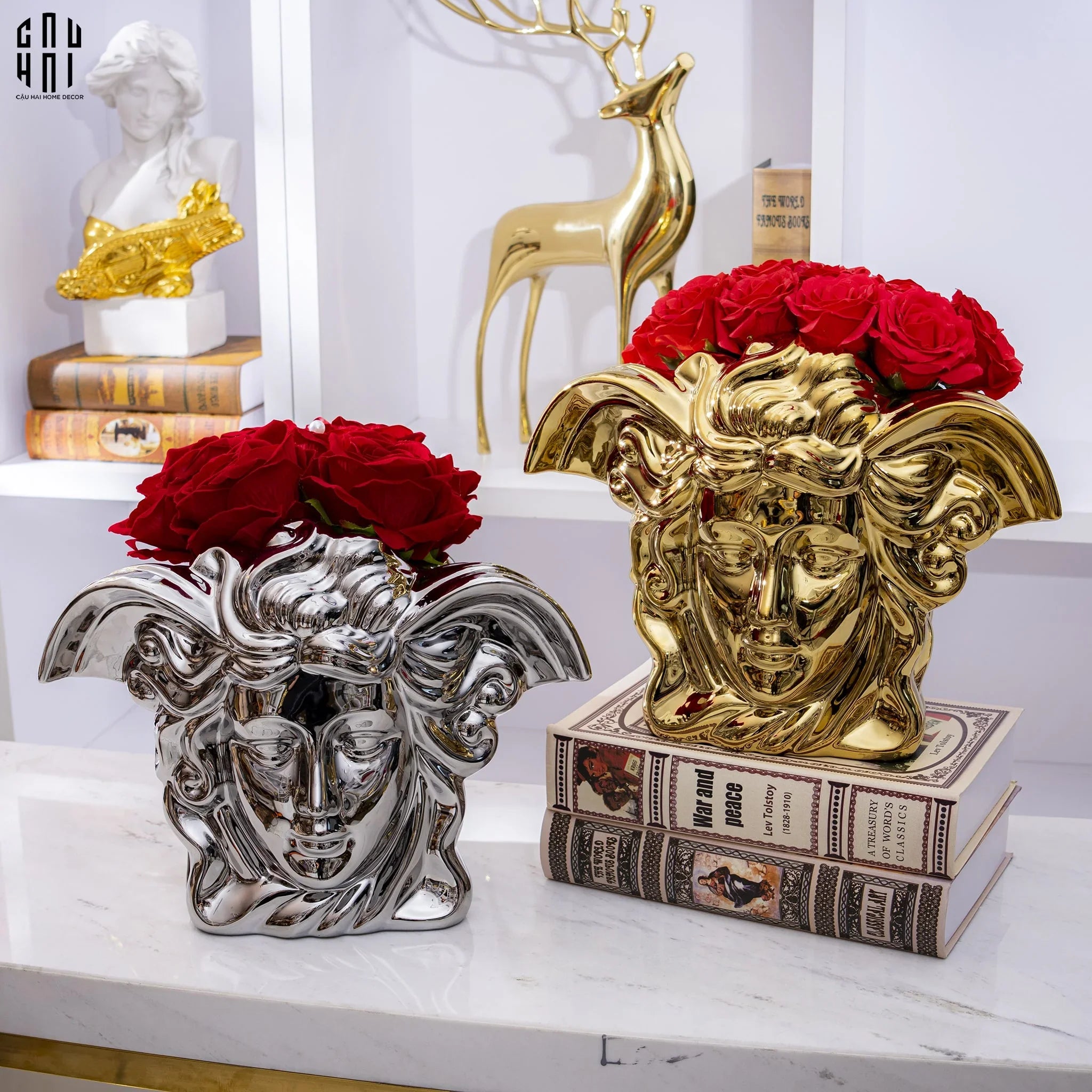 Maison Couture - Tượng Bình Hoa V Class Silver Medusa Fascination 20x34x22-CẬU HAI HOME DECOR