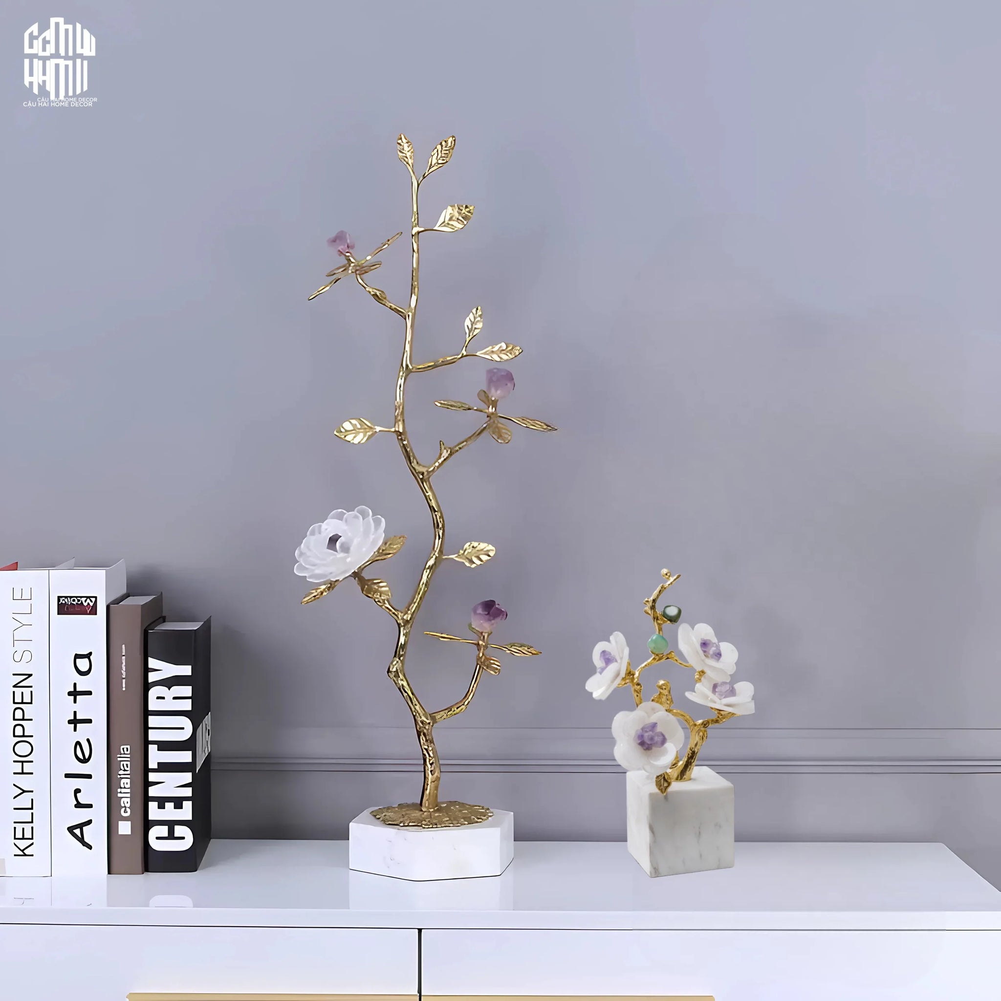 Maison Couture - Tượng Cây Nở Hoa Bằng Đồng Đá Thạch Anh Trắng Brasson Quartz Golden Hesperides 22x65-CẬU HAI HOME DECOR
