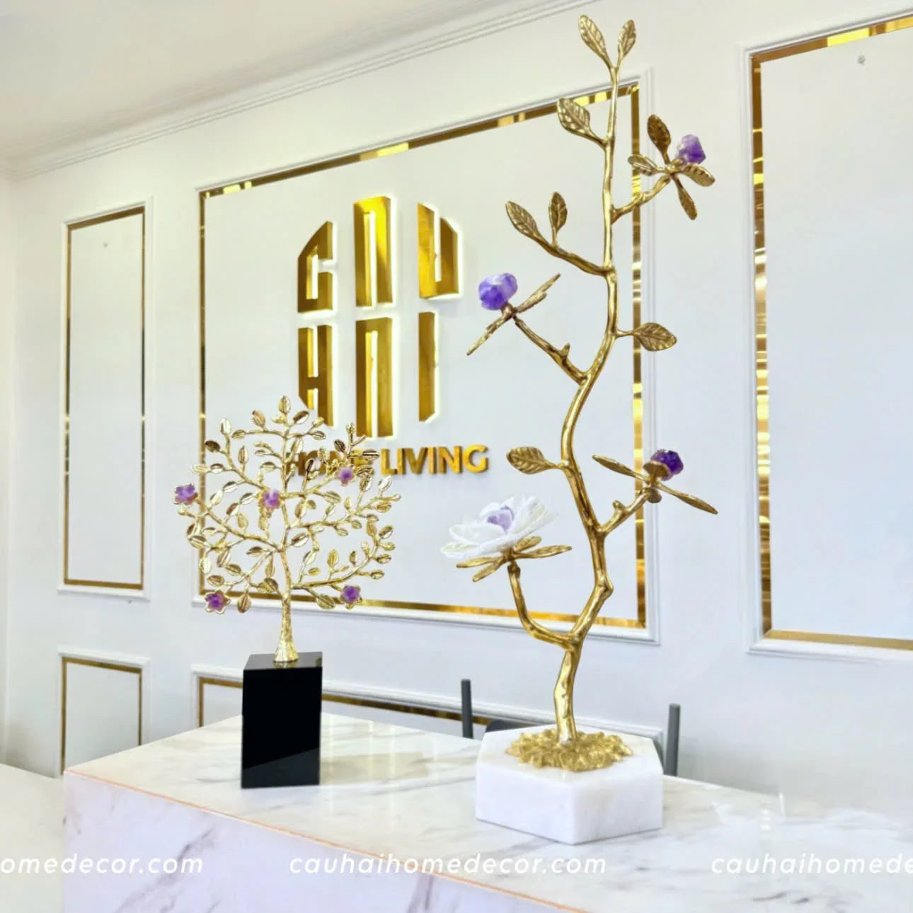 Maison Couture - Tượng Cây Nở Hoa Bằng Đồng Đá Thạch Anh Trắng Brasson Quartz Golden Hesperides 22x65-CẬU HAI HOME DECOR