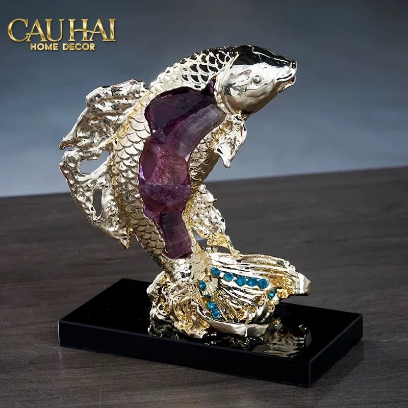 Maison Couture - Tượng Đồng Cá Chép Đá Thạch Anh Tím Royale Amethyst Dragon Ascend H22x29-CẬU HAI HOME DECOR