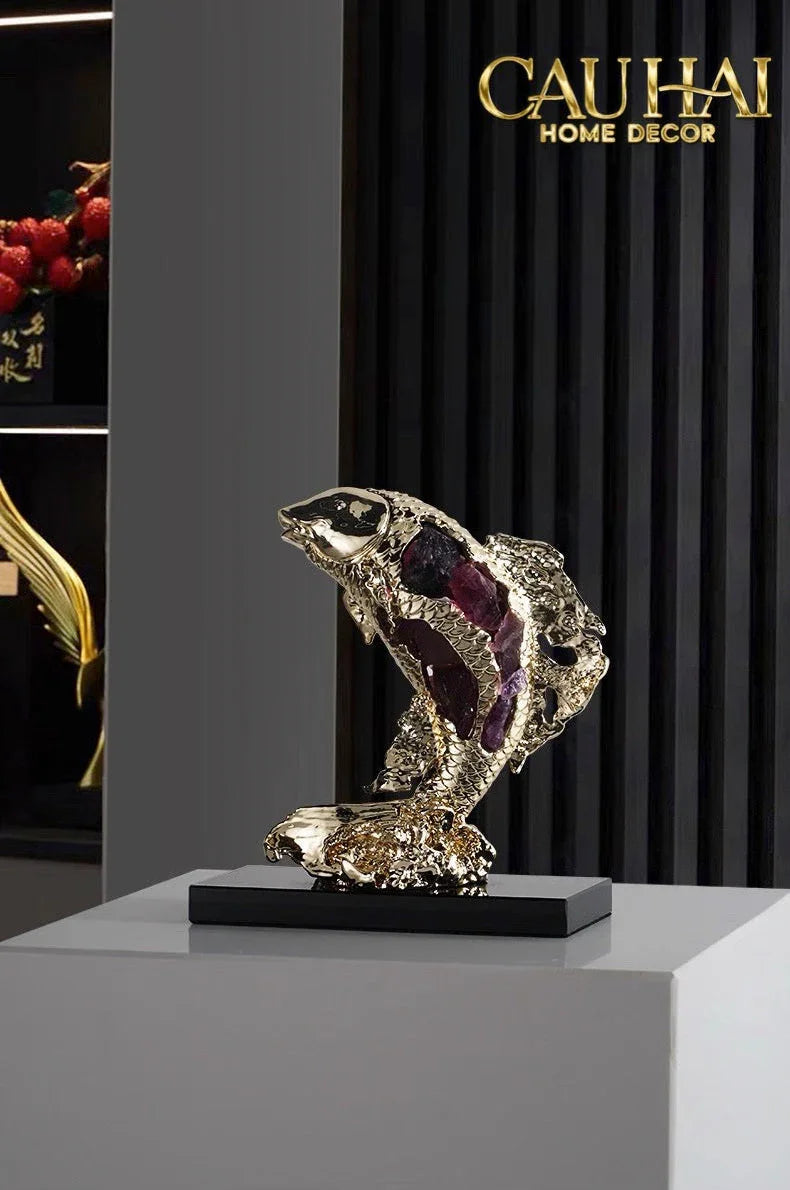Maison Couture - Tượng Đồng Cá Chép Đá Thạch Anh Tím Royale Amethyst Dragon Ascend H22x29-CẬU HAI HOME DECOR
