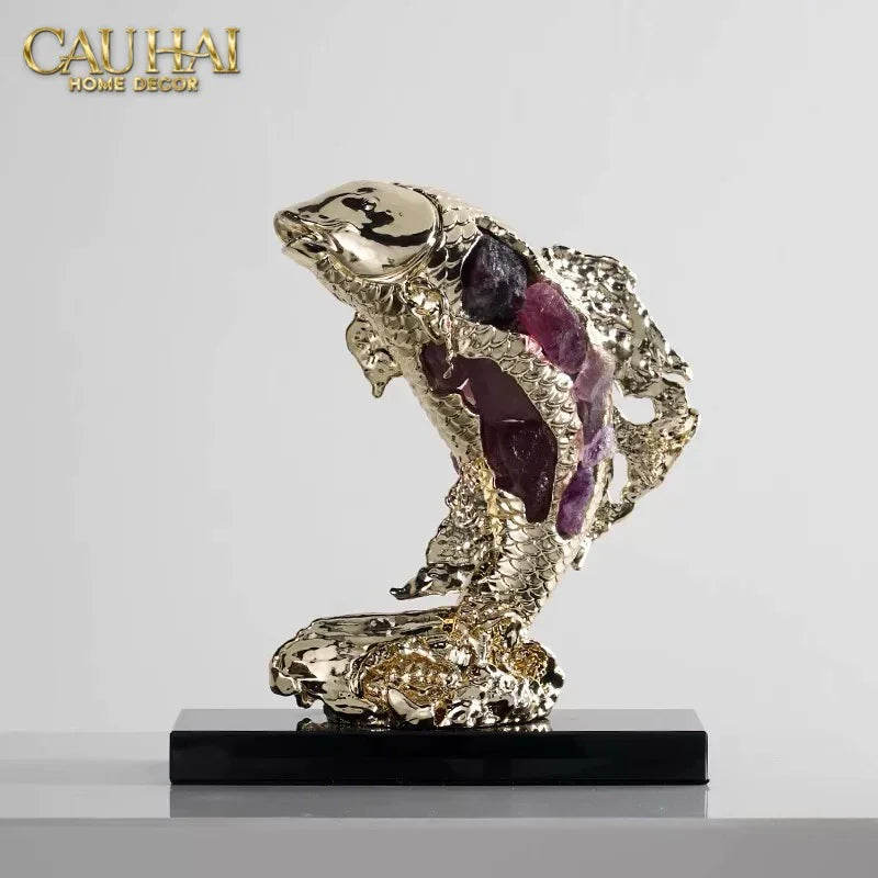 Maison Couture - Tượng Đồng Cá Chép Đá Thạch Anh Tím Royale Amethyst Dragon Ascend H22x29-CẬU HAI HOME DECOR