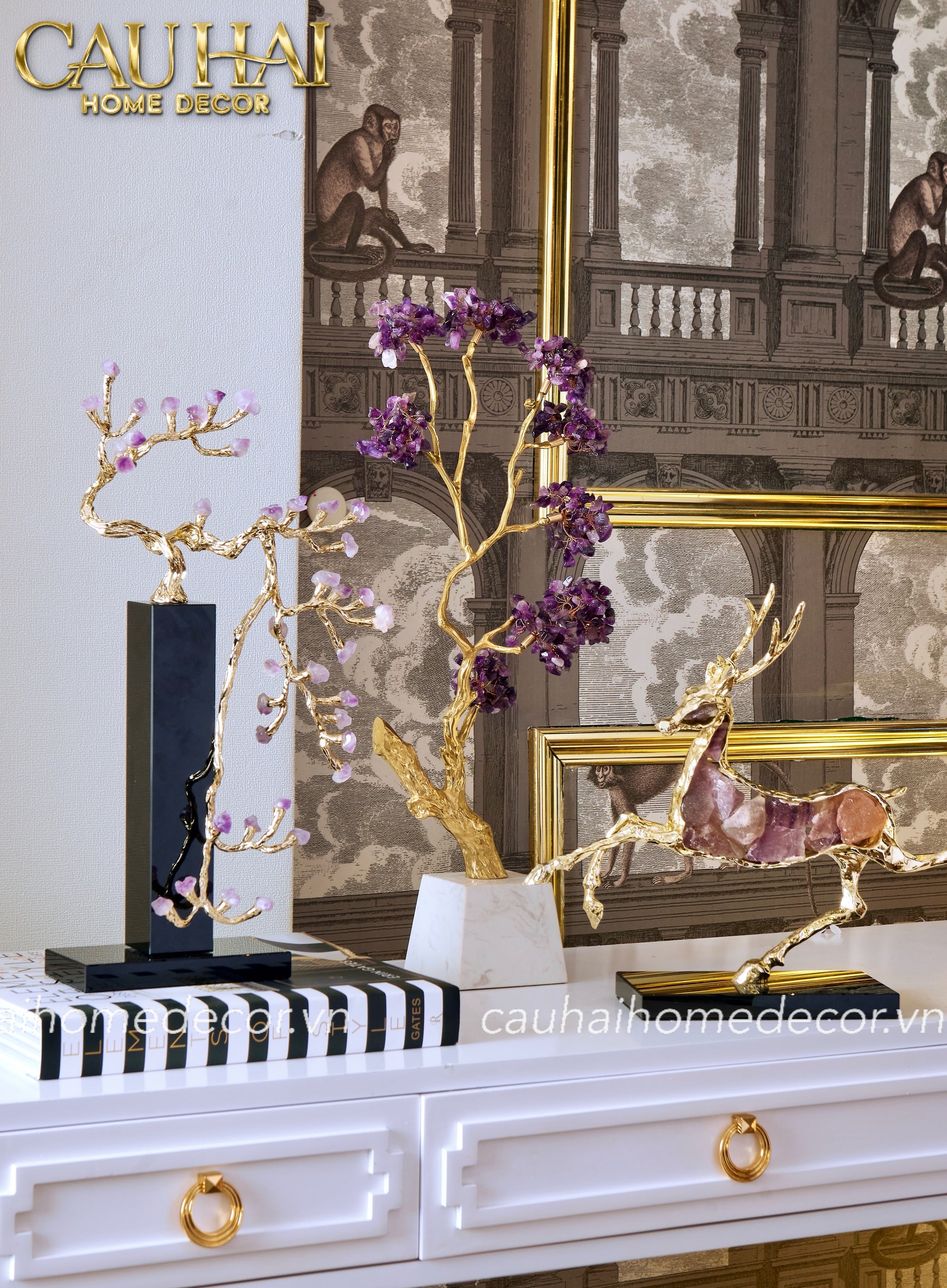 Maison Couture - Tượng Đồng Cây Trí Tuệ Đá Thạch Anh Tím Tree Of Wisdom Amethyst H55-CẬU HAI HOME DECOR