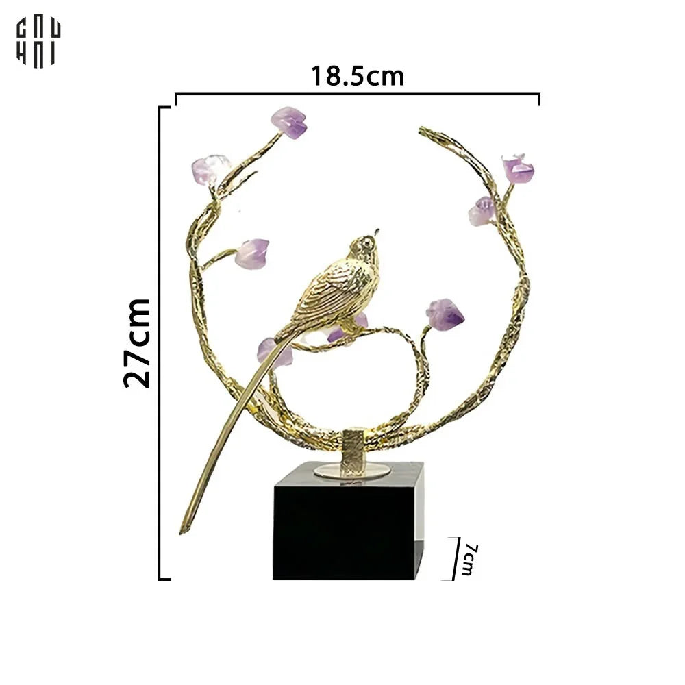 Maison Couture - Tượng Đồng Đá Thạch Anh Tím - Amethyst Branch Golden Bird Harmony 27x18.5-CẬU HAI HOME DECOR