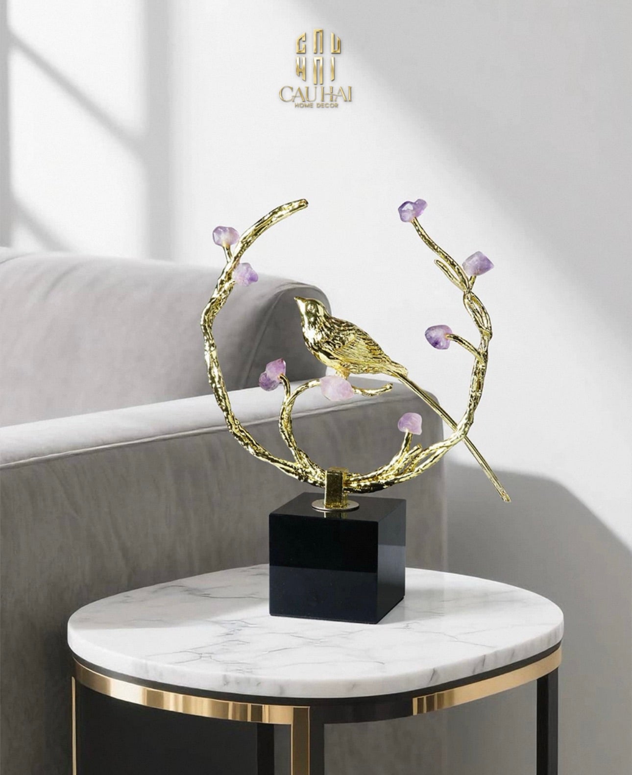 Maison Couture - Tượng Đồng Đá Thạch Anh Tím - Amethyst Branch Golden Bird Harmony 27x18.5-CẬU HAI HOME DECOR
