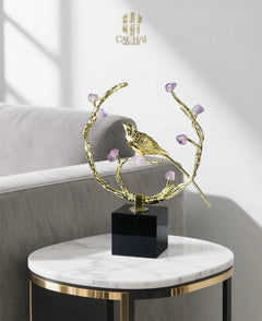Maison Couture - Tượng Đồng Đá Thạch Anh Tím - Amethyst Branch Golden Bird Harmony 27x18.5-CẬU HAI HOME DECOR