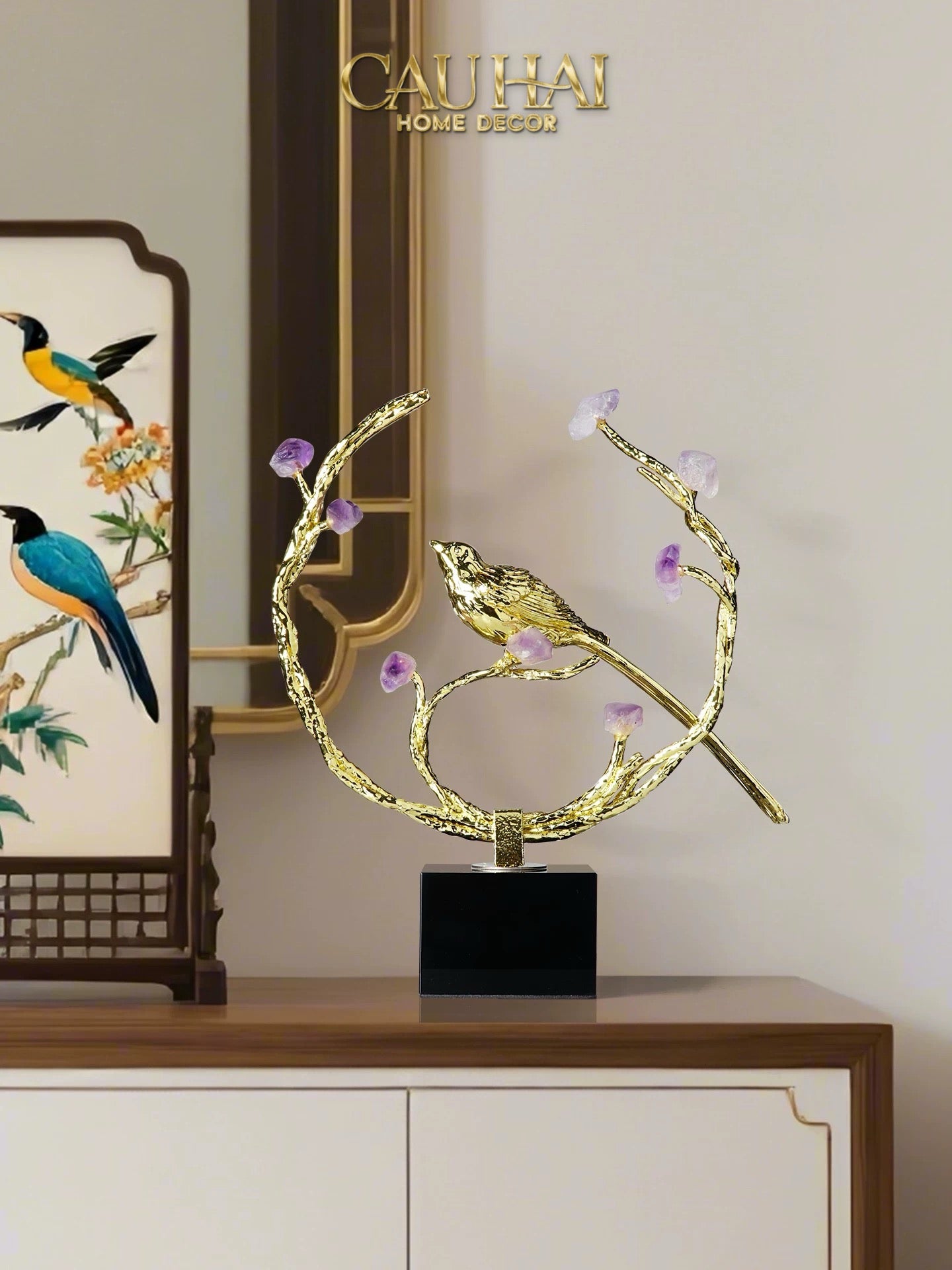 Maison Couture - Tượng Đồng Đá Thạch Anh Tím - Amethyst Branch Golden Bird Harmony 27x18.5-CẬU HAI HOME DECOR