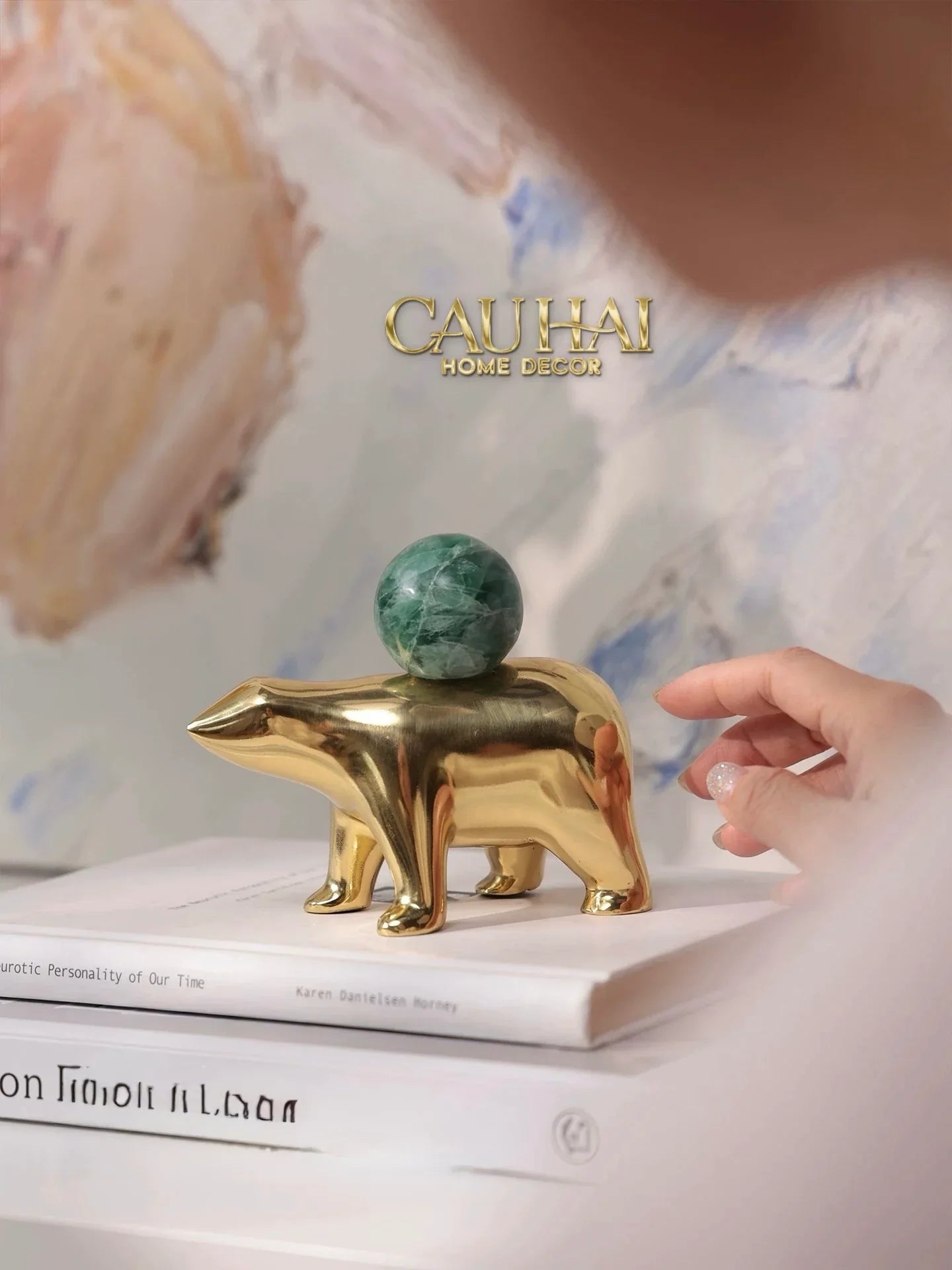 Maison Couture - Tượng Đồng Gấu Polar Bear Gemstone Vert Emerald Malachite 18x14-CẬU HAI HOME DECOR