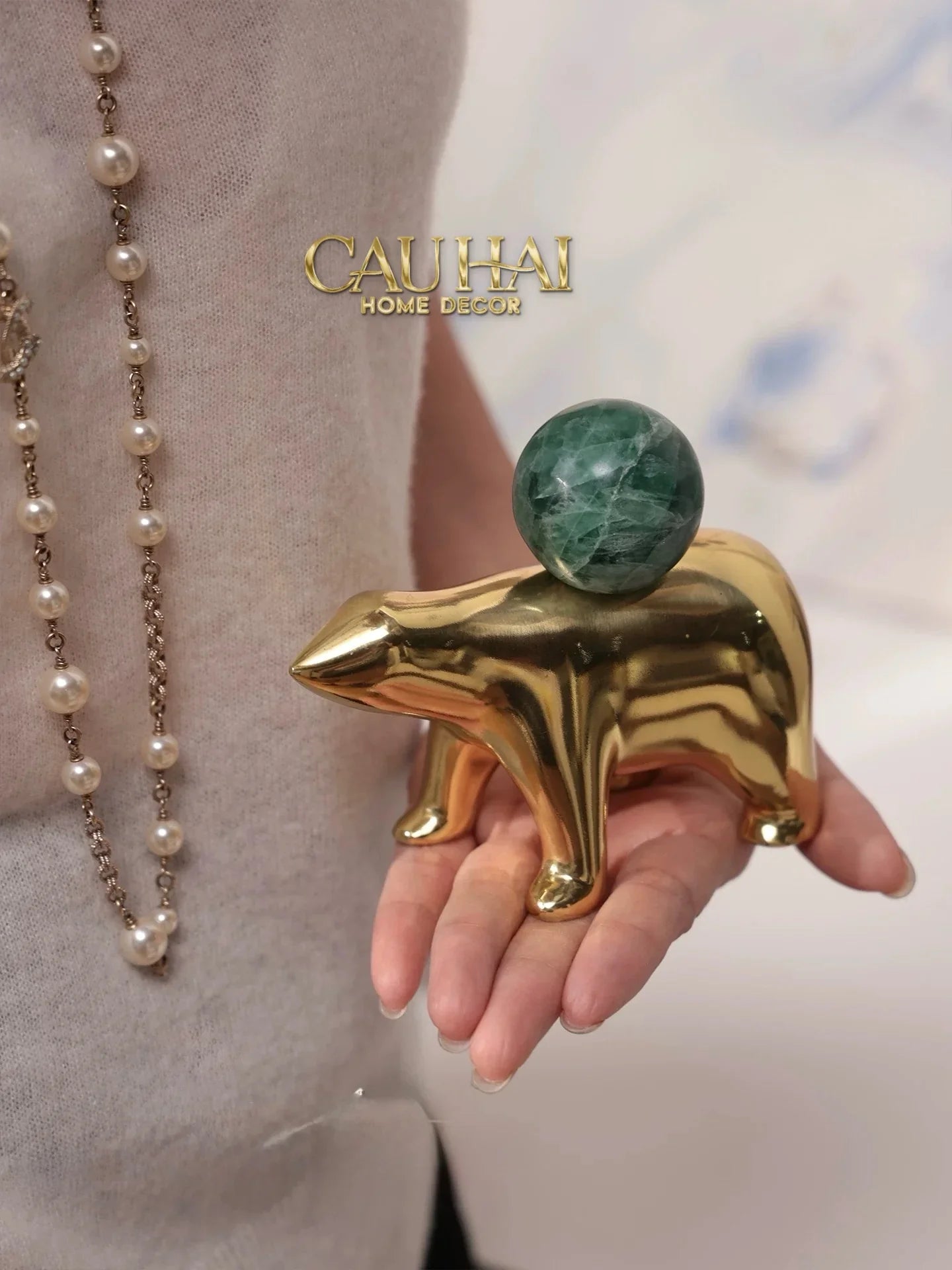 Maison Couture - Tượng Đồng Gấu Polar Bear Gemstone Vert Emerald Malachite 18x14-CẬU HAI HOME DECOR