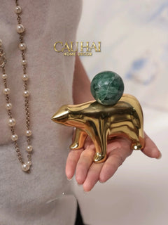 Maison Couture - Tượng Đồng Gấu Polar Bear Gemstone Vert Emerald Malachite 18x14-CẬU HAI HOME DECOR