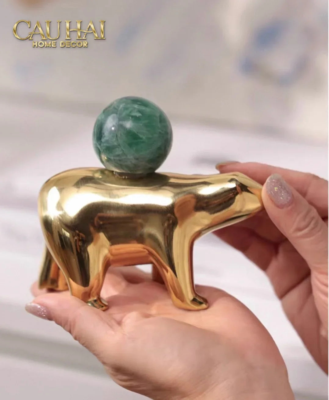 Maison Couture - Tượng Đồng Gấu Polar Bear Gemstone Vert Emerald Malachite 18x14-CẬU HAI HOME DECOR