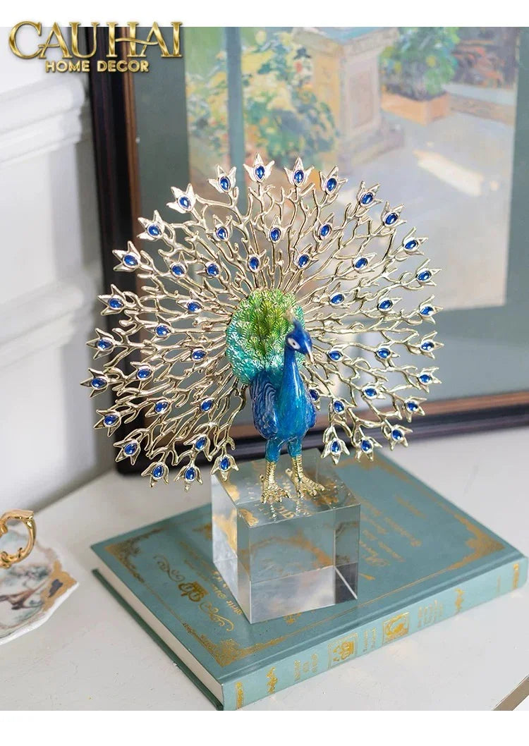 Maison Couture - Tượng Đồng Khổng Tước Đá Sapphire - Le Paon Impérial Bleu Saphir Cristalleries-CẬU HAI HOME DECOR