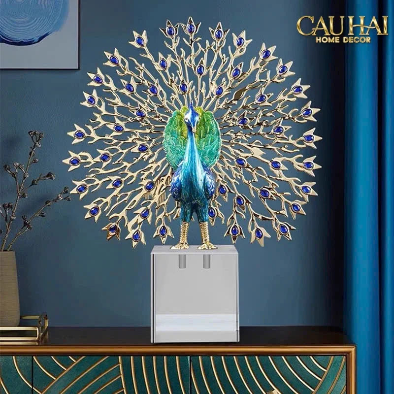Maison Couture - Tượng Đồng Khổng Tước Đá Sapphire - Le Paon Impérial Bleu Saphir Cristalleries-CẬU HAI HOME DECOR