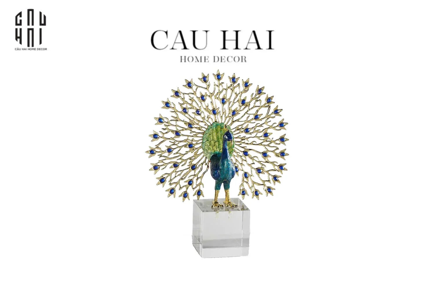 Maison Couture - Tượng Đồng Khổng Tước Đá Sapphire - Le Paon Impérial Bleu Saphir Cristalleries-CẬU HAI HOME DECOR