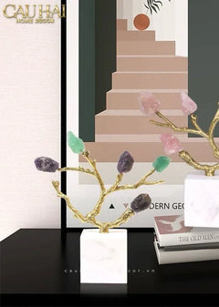 Maison Couture - Tượng Đồng Nhánh Cây Đá Thạch Anh Amethyst Aventurine Tree of Fortune 25x8x26-CẬU HAI HOME DECOR